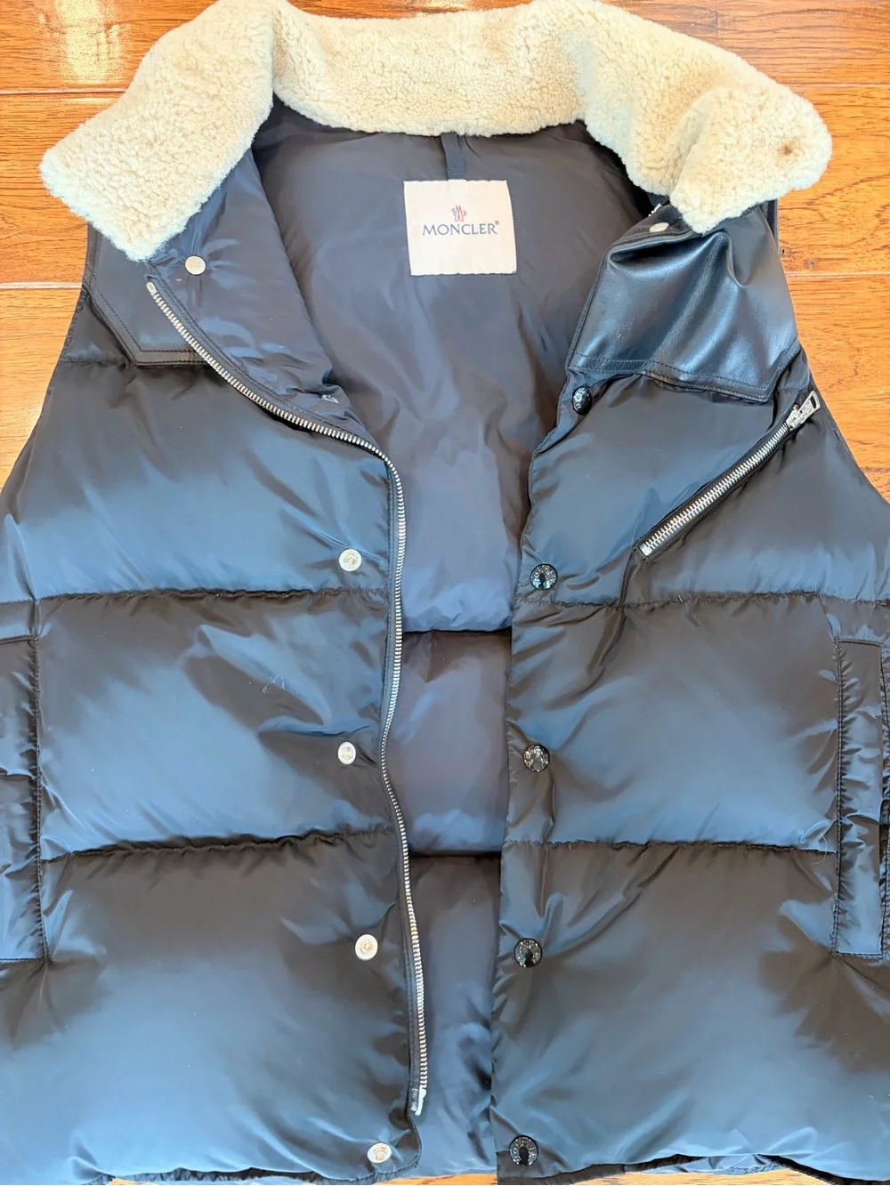 Moncler Black Quilted Puffer Vest with Cream Shearling Collar